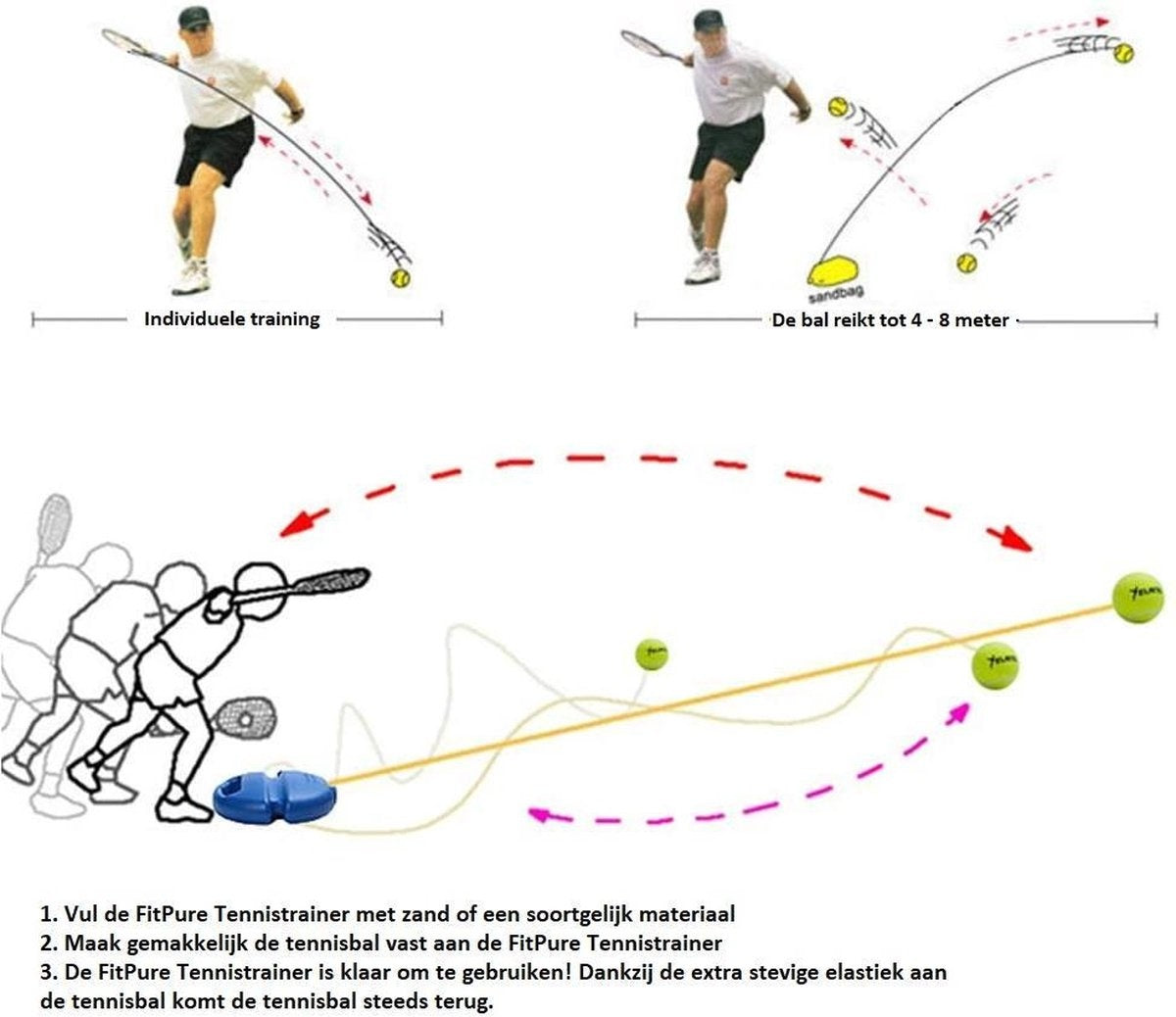 FitPure Tennis Trainer + balle de tennis GRATUITE avec élastique - Entraînement de tennis pour l'intérieur et l'extérieur - Très robuste - Facile à utiliser