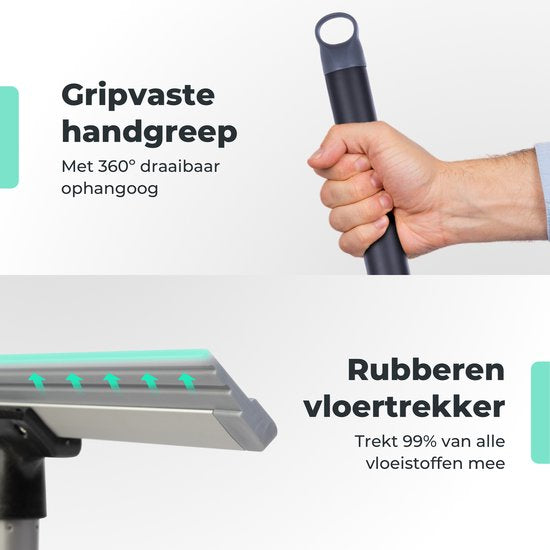 CLEANLY Raclette de sol avec manche télescopique 113-142 cm - Raclette de sol de salle de bain avec raclette en caoutchouc - Raclette d'eau - Raclette de douche - Largeur 43.5 cm - Noir, Gris