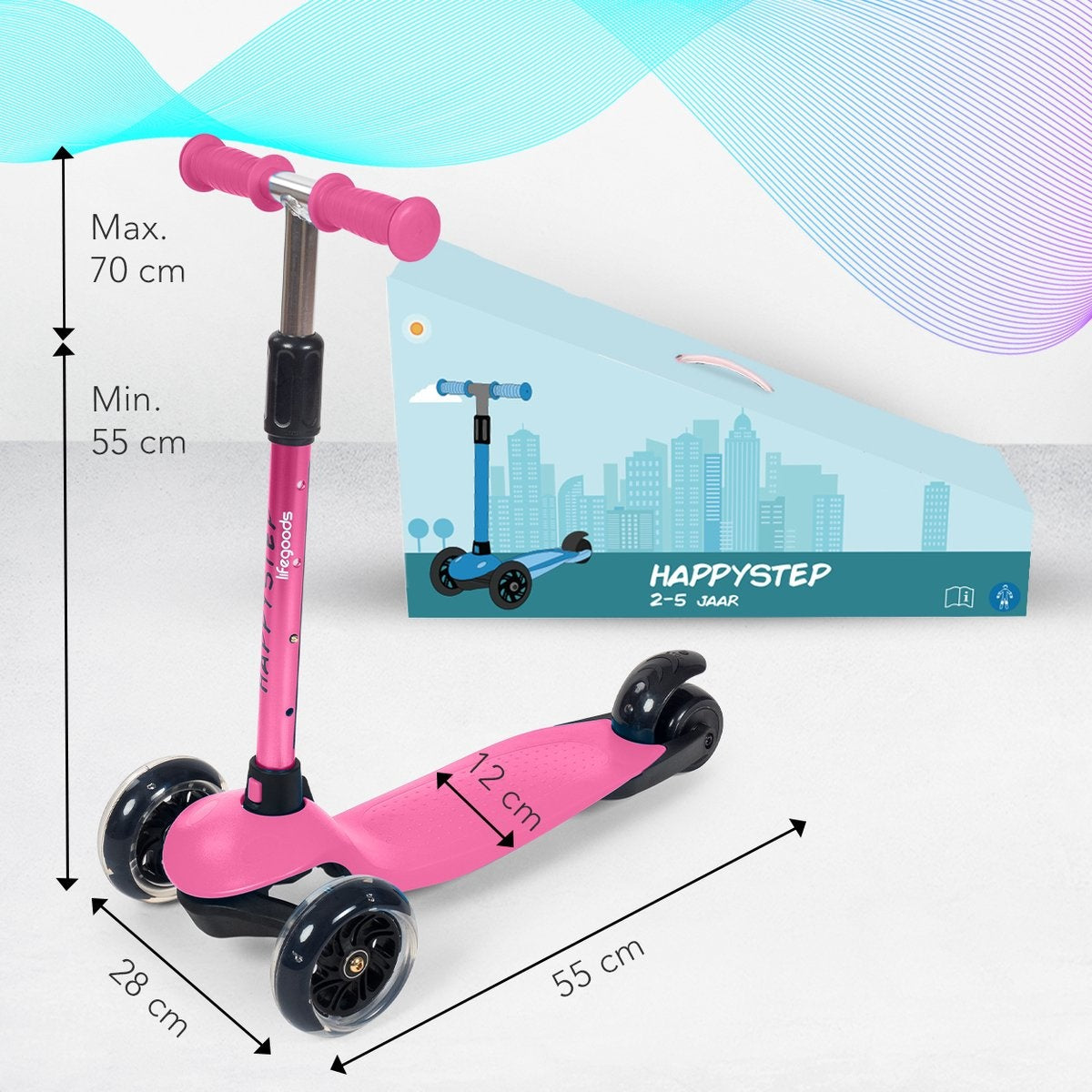 LifeGoods HappyStep - Trottinette pour enfants - Étape 2-5 ans - 3 roues lumineuses - Garçons/Filles - Rose