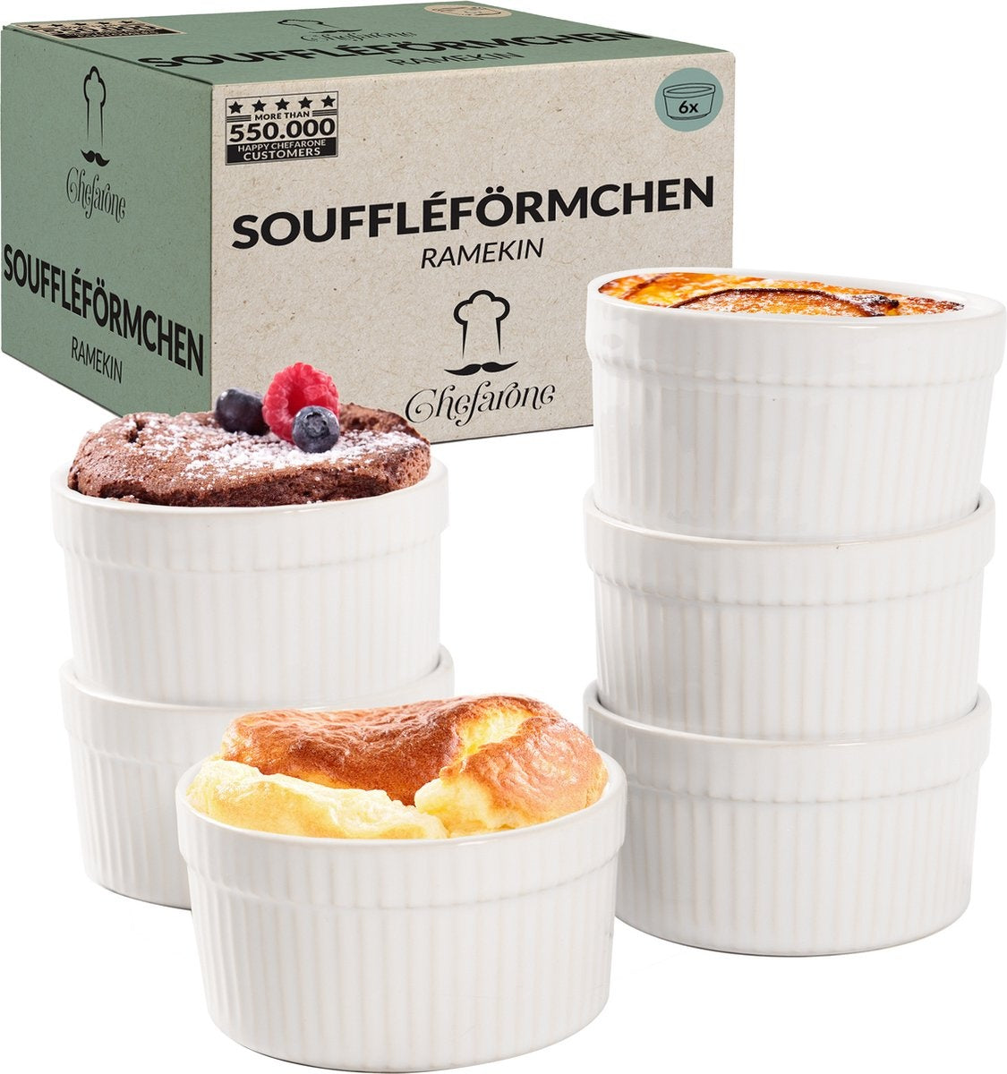 Chefarone Bols à crème brûlée - 6 mini bols à four - bols ramequins en céramique - bols à soufflé 200 ML - cuisiner avec les enfants - bols à dessert - blanc