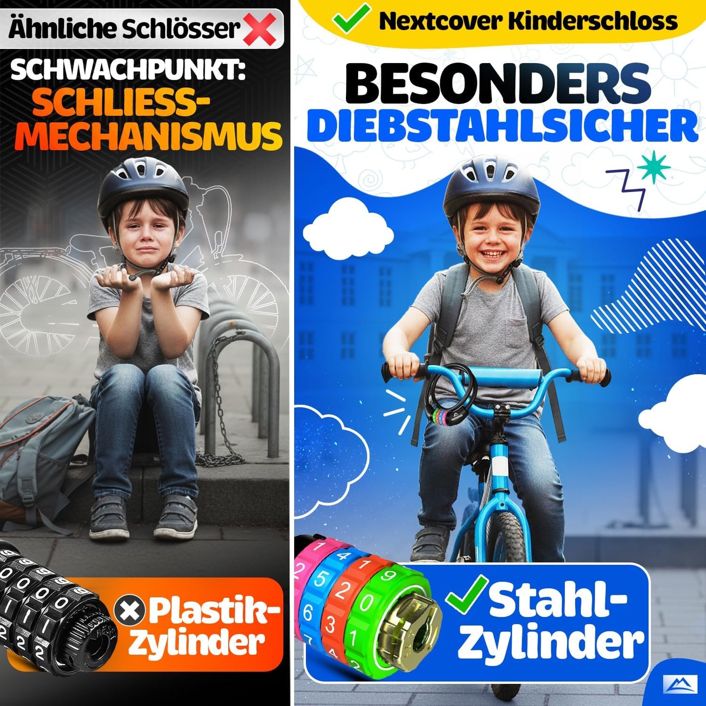 NEXTCOVER® Cadenas pour vélo d'enfant - Code numérique à 4 chiffres - Cadenas à combinaison pour vélo avec chiffres colorés - Cadenas pour scooter Extra robuste et sûr - Noir
