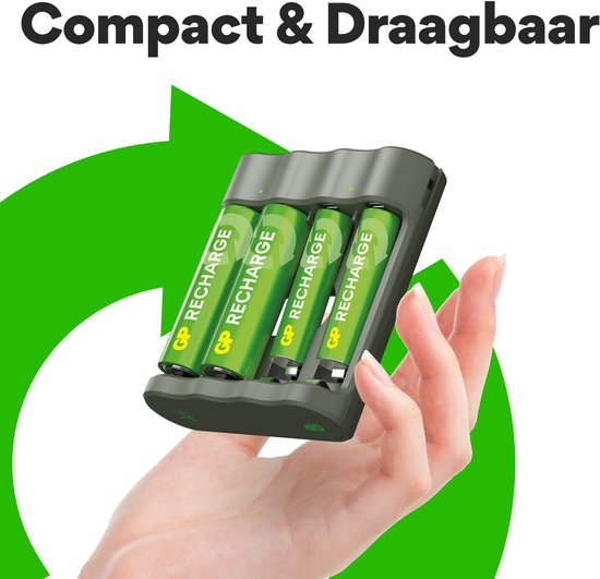 Chargeur de piles GP Recharge pour piles AA et AAA – 4 emplacements, port USB, recharge rapide et sûre, chargeur compact avec piles rechargeables : 2 x AA 2100 mAh / 2 x AAA 800 mAh