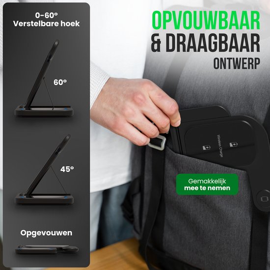 Strex 3-in-1 Wireless Charger - Station de charge - Chargement rapide 15W - Pliable - Convient pour iOS & Android, Apple Watch, AirPods et écouteurs sans fil - Noir