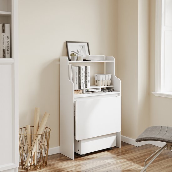 Table pliante murale SoBuy FWT105-II-W - Table pliante multifonctionnelle peu encombrante avec roulettes - Bureau pliant avec tiroir et étagères - Blanc