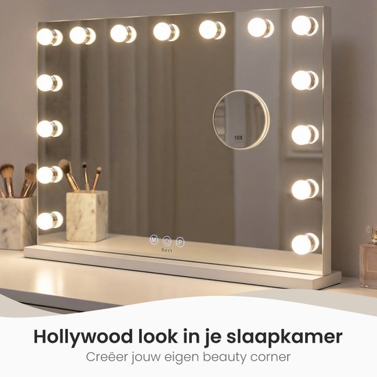 Bayt Hollywood Mirror with Lighting - Miroir de maquillage avec éclairage - Miroir avec éclairage - Dimmable - Grossissement 10x - 58x46cm - Blanc