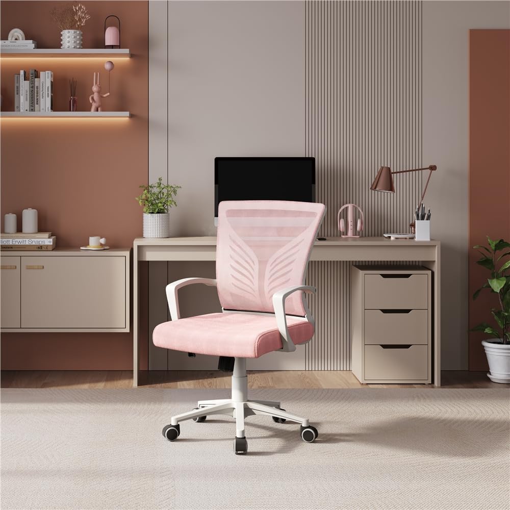 Chaise de bureau pivotante Yaheetech - Tissu maillé - Rose - Soutien lombaire ergonomique - Hauteur réglable - Fonction d'inclinaison