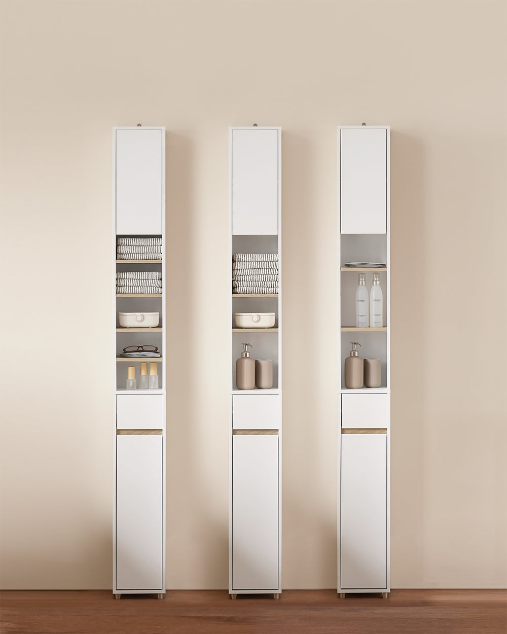 SoBuy BZR34-WN Meuble de salle de bain haut 20x20x180 cm - Blanc et bois - Meuble de rangement étroit et indépendant avec étagères et tiroirs réglables