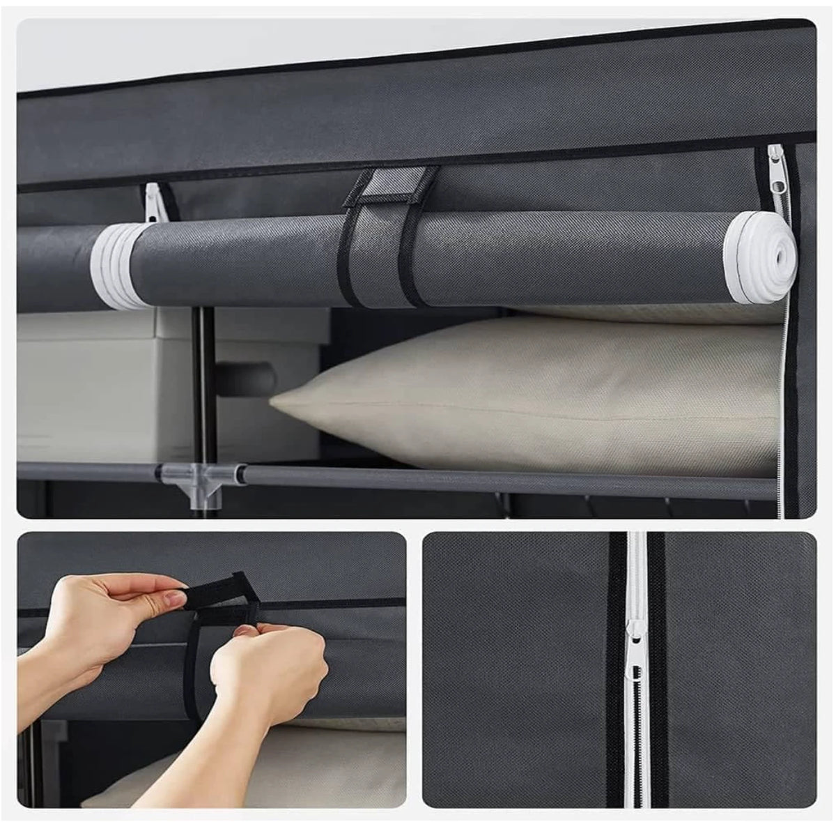 Armoire à linge 150 x 175 x 45 cm - Grise - 2 tringles à vêtements - Étagères - Pliable