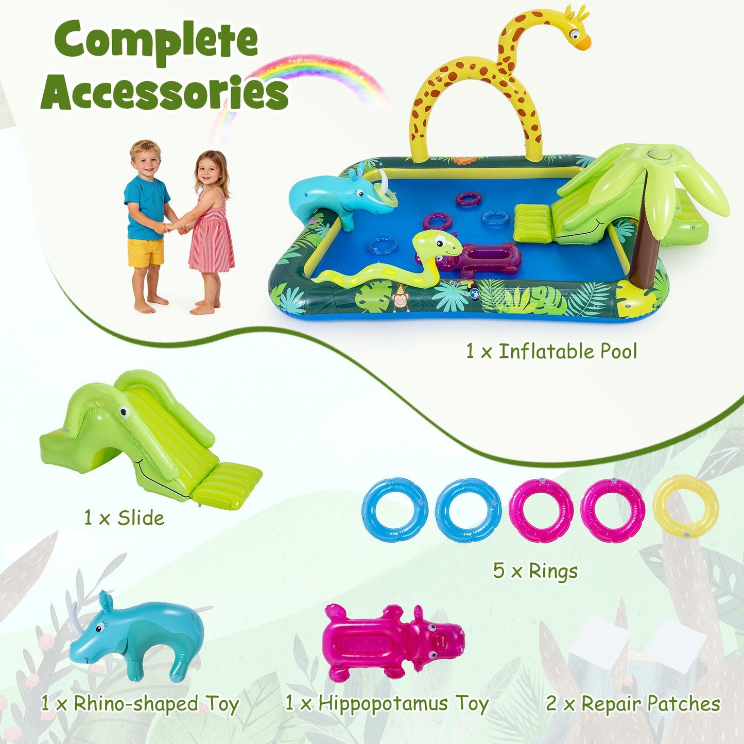 Piscine gonflable Coast « Animaux de la jungle » avec toboggan et arroseur - Jeu de lancer d'anneaux et centre de jeux aquatiques pour enfants - 208 x 178 x 138 cm - Multicolore
