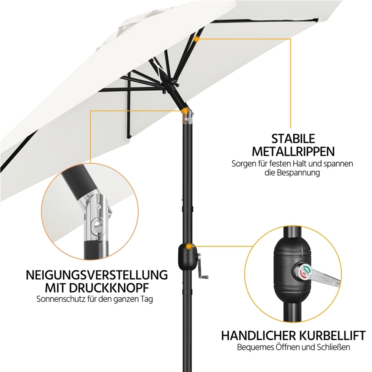 Parasol Yaheetech avec pied et fonction d'inclinaison, ø 269 cm - Protection UV UPF50+ - Blanc crème