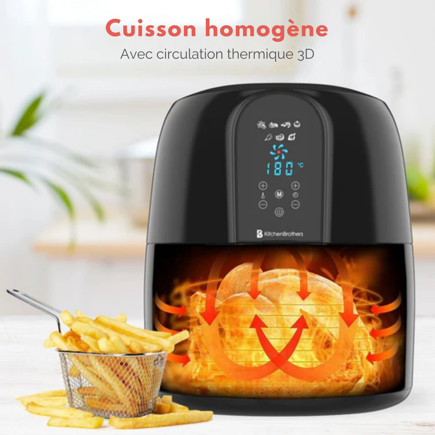 Airfryer - KitchenBrothers - Friteuse à hair chaud - 7,2 L -1890 W - Friteuse sans huile - 7 programmes de cuisson - noir - + un livre de recettes