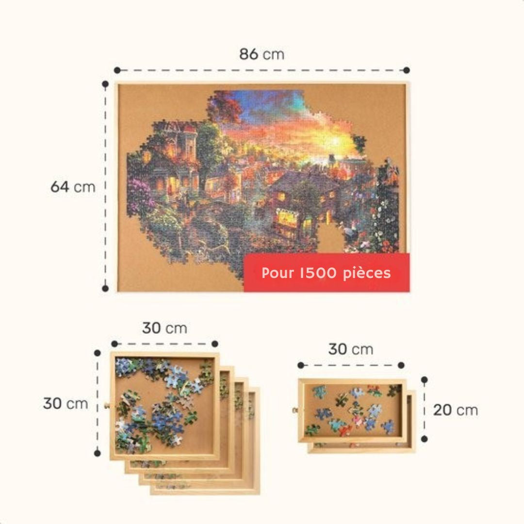 Plateau de puzzle rotatif avec système de rangement - 6 tiroirs - 1500 pièces - Bois - Table de puzzle - Classeur de puzzle - 64 x 86 x 4 cm - Couvercle de protection inclus - Tapis de puzzle - Mallette - Bois