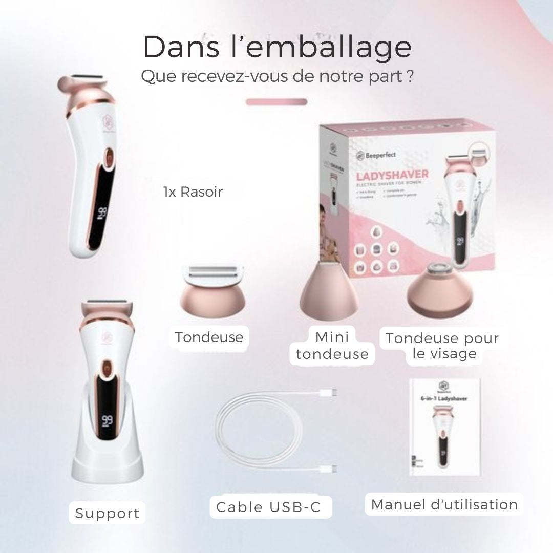 Rasoir pour femmes 3 en 1 Beeperfect® - Tondeuse bikini - Rechargeable - étanche - 3 accessoires - Rose et blanc