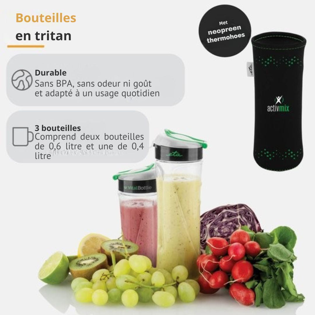 Mixeur ETA avec 3 bouteilles en Tritan - 2 x 0,6 litres et 1 x 0,4 litres - Fonction Pulse - 19 000 tr/min - 350W - Argent