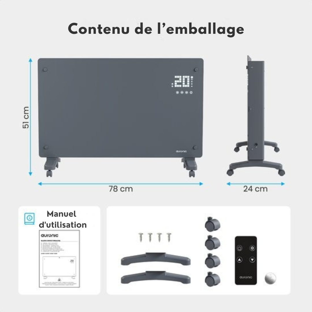 Radiateur électrique Auronic - Radiateur à convection avec thermostat et télécommande - Radiateur à panneau en verre - Radiateur 1000 W - Gris