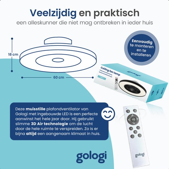 Gologi Ventilateur de plafond avec éclairage - Ø60 cm - LED RGBW - 6 niveaux - Lampe de plafond de chambre - Lampe de plafond avec ventilateur - Avec télécommande et application - Noir