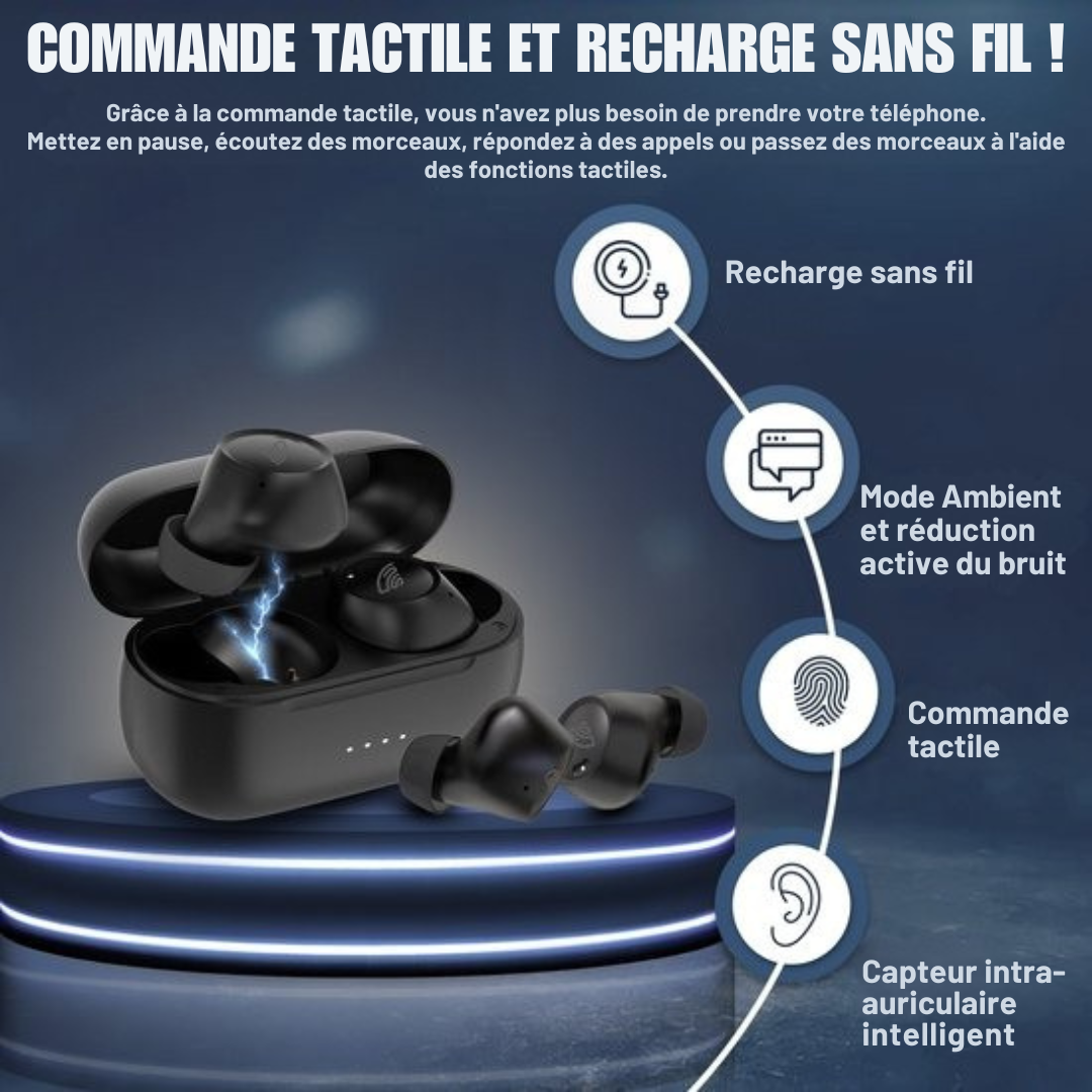 Ecouteurs sans fil - Golden Sound Buds Pro - Ecouteurs Bluetooth - Suppression active du bruit 32dB - Mode ambiant - Autonomie de 40 heures - Convient à tous les smartphones et ordinateurs portables - Noir