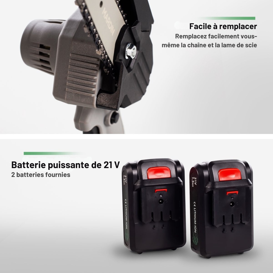 Mini tronçonneuse Mardin - Scie d'élagage - 2 Batteries - Mallette incluse - Gris