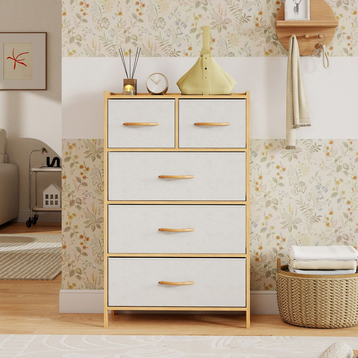 Coast Dresser Bamboo Natural - 58 x 30 x 94 cm - Avec 5 tiroirs pliables en tissu