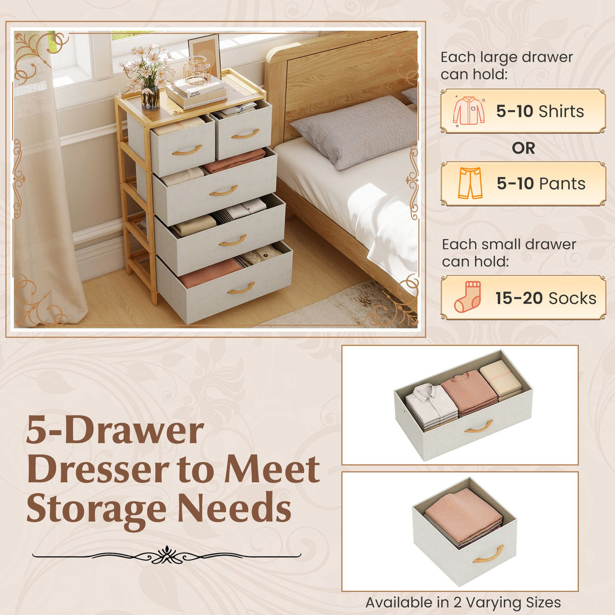 Coast Dresser Bamboo Natural - 58 x 30 x 94 cm - Avec 5 tiroirs pliables en tissu