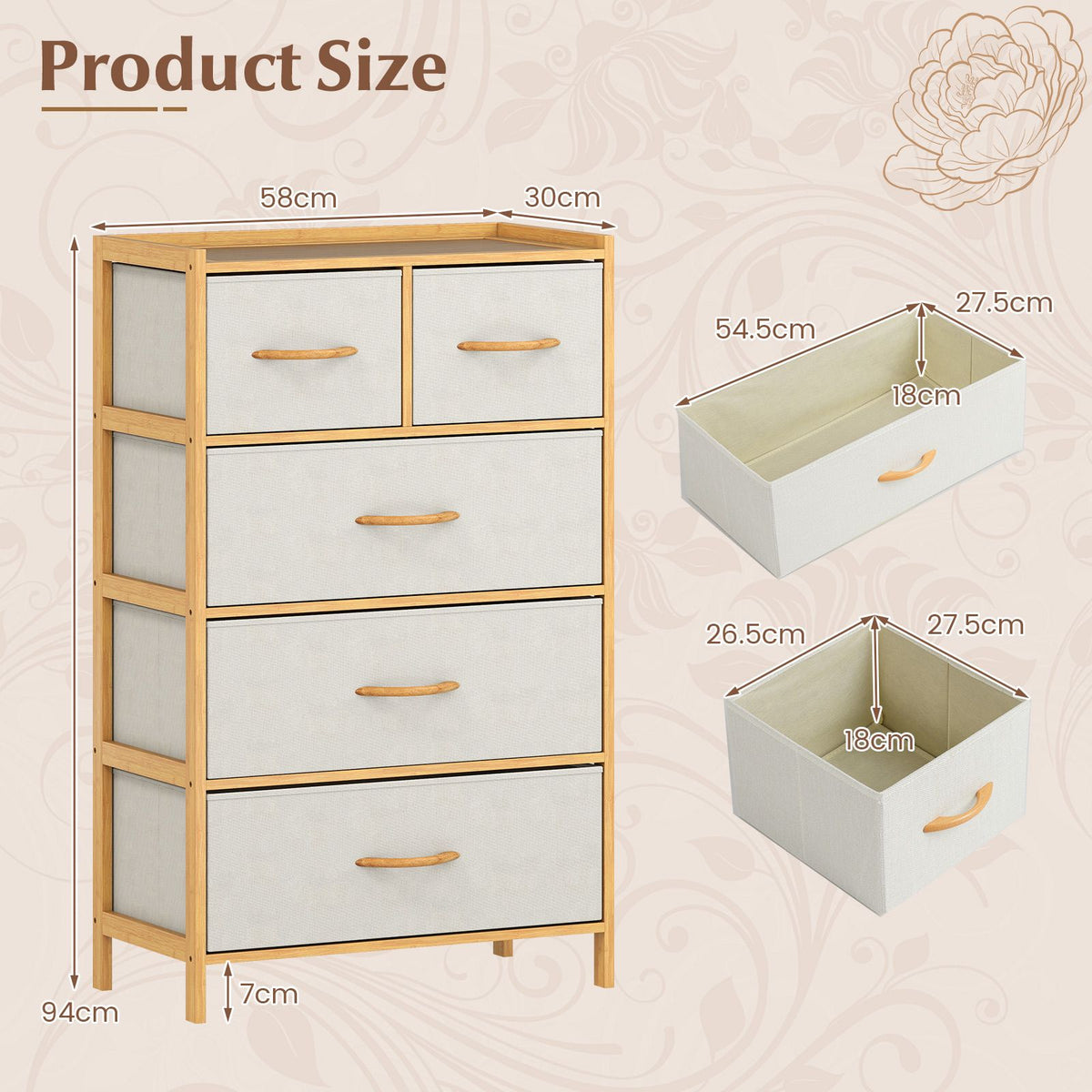 Coast Dresser Bamboo Natural - 58 x 30 x 94 cm - Avec 5 tiroirs pliables en tissu