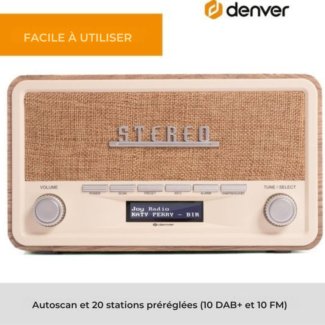 Radio Rétro - Denver - Vintage - Bluetooth - DAB+/ FM -Luminosité réglable – Fonctionne sur piles et secteur – DAB18LW - Bois