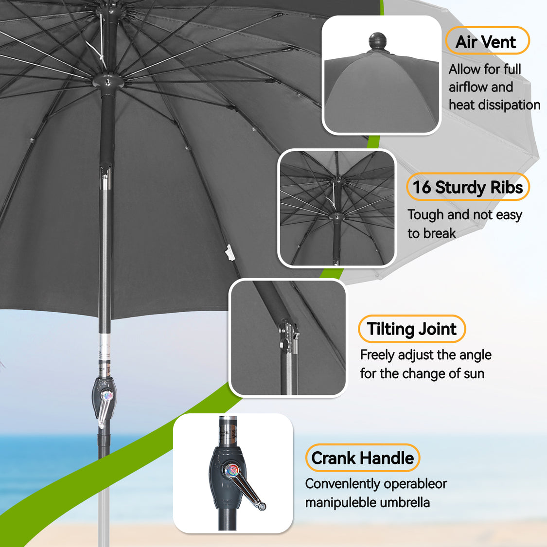 Angel Living Parasol Rond - Ø270cm - Solide - Inclinable - Gris