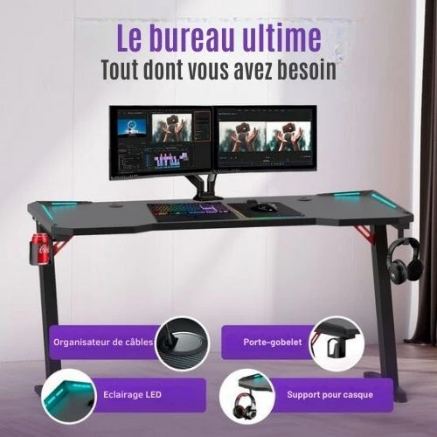 Bureau de gaming - Avalo - 140x60x73 CM - Éclairage LED Intégré - Noir