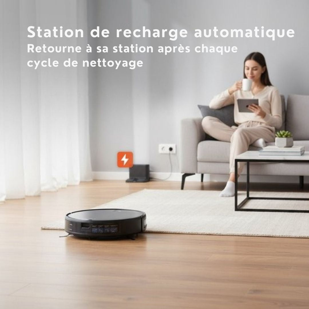 Robot Aspirateur avec fonction balayage Skoov - Avec station de chargement et de déchargement - APP - Animaux - Maison - Automatique - Poils de chien - 2000 PA - Noir
