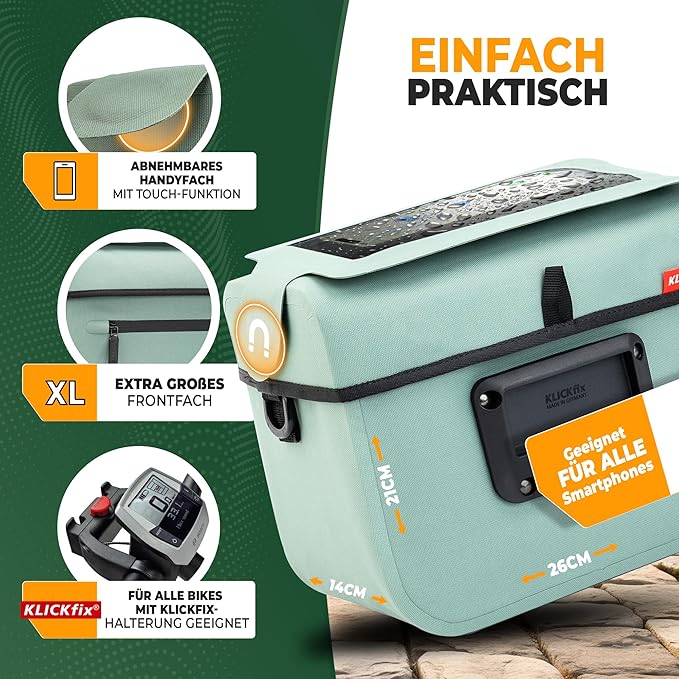 MIVELO - Sacoche de guidon compatible Klickfix - 100% étanche et pochette téléphone amovible - Polyester - Mint