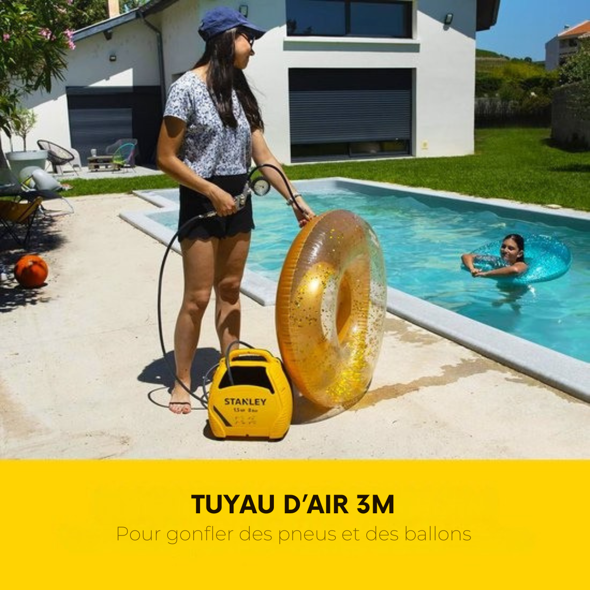 Compresseur à Air 8Bar – Stanley – sans huile avec outils pneumatiques – Kit de compresseur et tuyau d’air inclus - jaune