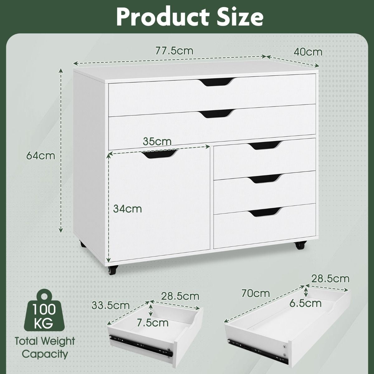 Coast Armoire mobile à tiroirs avec porte - 77.5 x 40 x 64 cm - 5 tiroirs et support d'imprimante sur roulettes