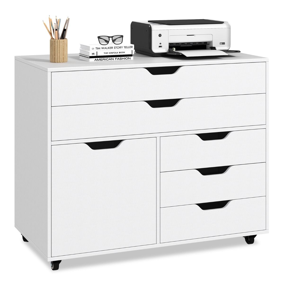 Coast Armoire mobile à tiroirs avec porte - 77.5 x 40 x 64 cm - 5 tiroirs et support d'imprimante sur roulettes