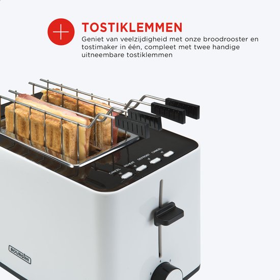 Bourgini Toasti Toaster - Grille-pain avec pinces Toasti - Blanc - Fente extra-large pour 2 sandwichs grillés - Réglage du brunissement et fonction de décongélation