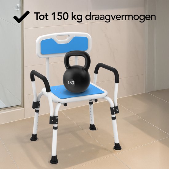 Brixy Chaise de douche avec dossier et accoudoir amovibles - Antidérapant - Hauteur réglable - Max. 150 kg - Tabouret de douche - Chaise de salle de bain