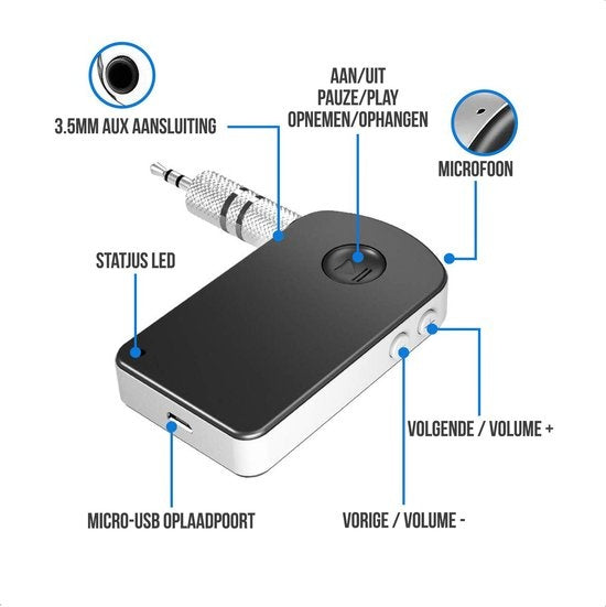 Strex Bluetooth Receiver - BT 5.0 - 3.5MM AUX - Récepteur Bluetooth - Appel mains libres - Récepteur audio Bluetooth - Bluetooth Car via AUX
