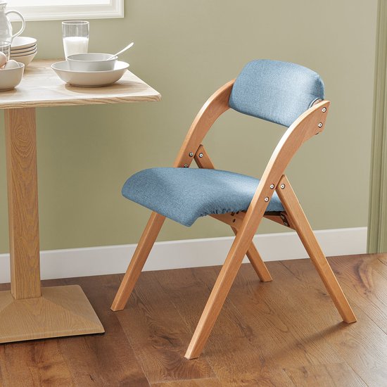 SoBuy Chaise pliante en bois avec coussin d'assise rembourré, chaise de bureau, chaise de salle à manger, Nature/Bleu, 47,5x77x59 cm, FST92-BL - pour salle à manger, balcon ou bureau