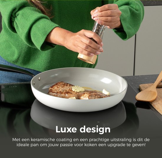 BE Living Essential Poêle à frire - Ø 28 cm - Céramique - Sans PFAS - Induction - Blanc