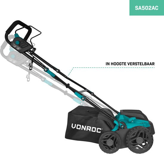 VONROC Scarificateur électrique - aérateur de gazon - 1500W - largeur de coupe 36 cm - 5 positions : 4 positions de profondeur (12/9/6/3 mm) + 1 position de transport (+10 mm) - bac de ramassage 45L inclus