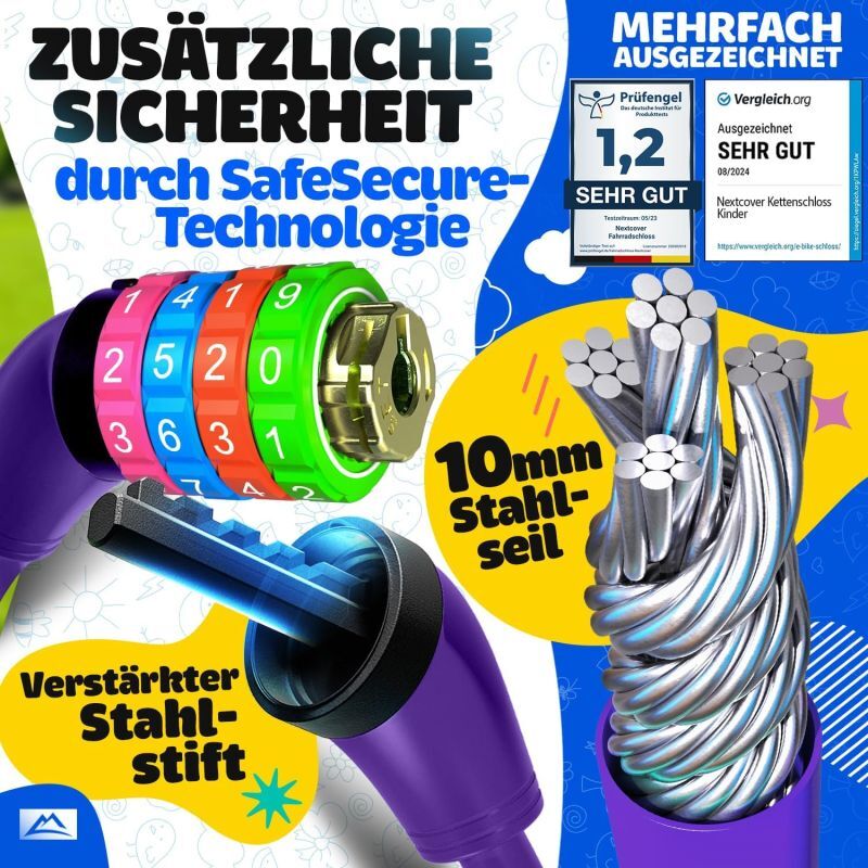 NEXTCOVER® Cadenas pour vélo d'enfant avec code numérique à 4 chiffres - Cadenas pour vélo d'enfant - Idéal pour les scooters, vélos et autres - Cadenas à combinaison pour vélo avec chiffres colorés - Cadenas pour scooter Extra robuste et sûr