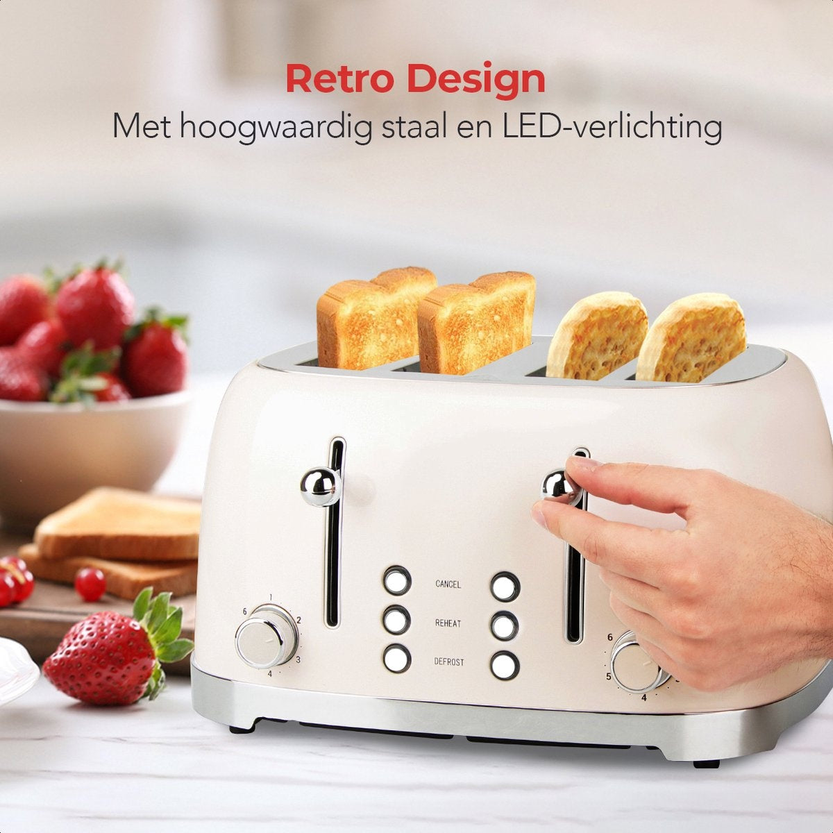 KitchenBrothers Retro Toaster - Grille-pain - 6 niveaux de chaleur - 4 fentes extra-larges - 1630W - Beige
