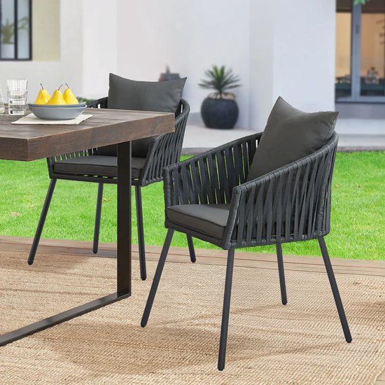 Chaises en corde - Lot de 2 - Coussins d'assise et de dossier inclus - Gris foncé