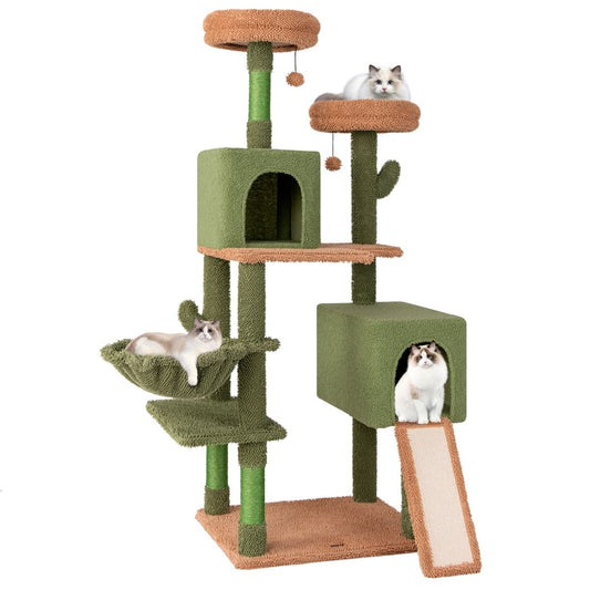 Coast 160 cm Cactus Scratch Post pour chats avec plusieurs niveaux, poteaux à gratter en sisal, perchoirs rembourrés, panier hamac - Vert et Marron