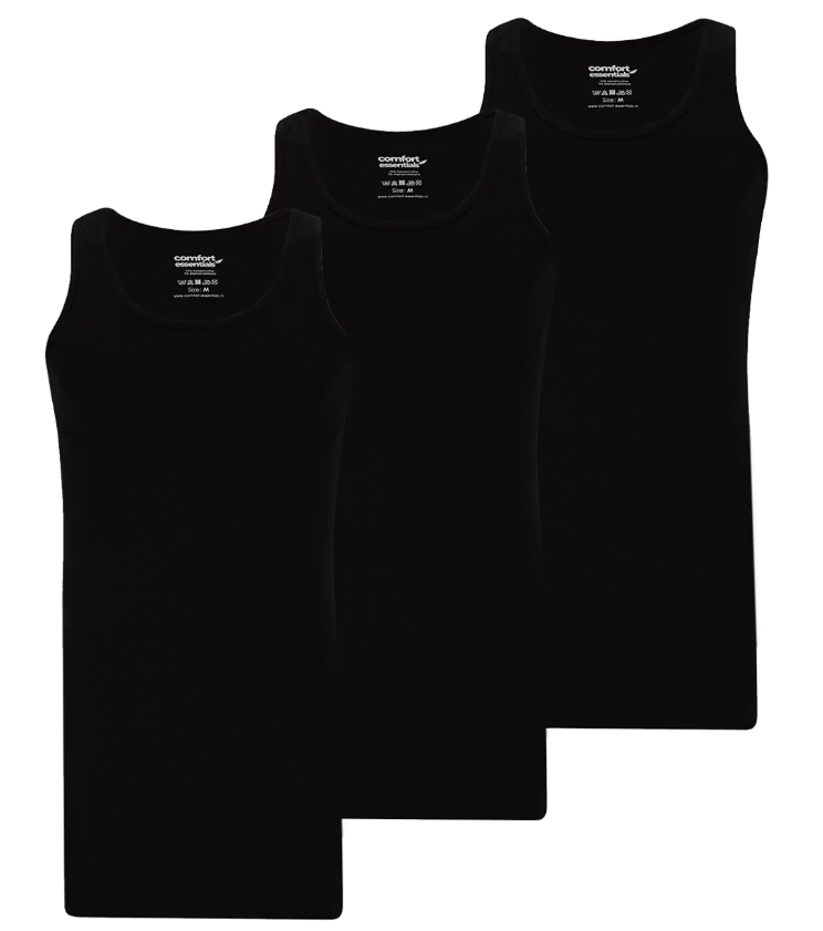 Comfort Essentials - singlets extra longs pour hommes - 3 pièces - noir - taille XXL - 95% coton, 5% élasthanne