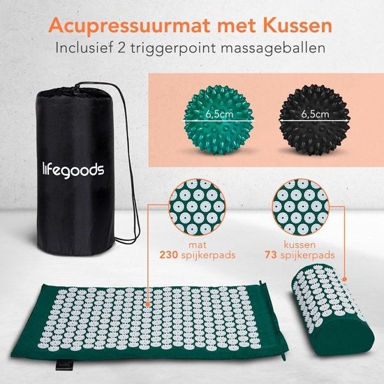 LifeGoods Tapis d'acupression avec coussin - Tapis Shakti - Tapis pour ongles avec 2 balles pour points de déclenchement - 66x40x2cm - Vert/Blanc