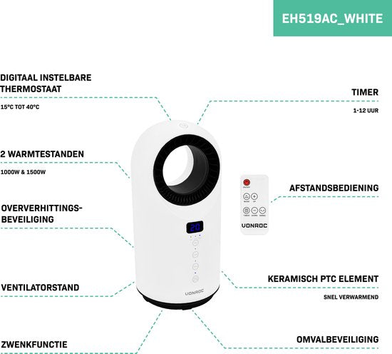 VONROC Radiateur électrique - radiateur soufflant - 1000W/1500W - sans pales - Céramique - 3 niveaux - Télécommande incluse - fonction swing - thermostat et minuterie - 15m2 - blanc