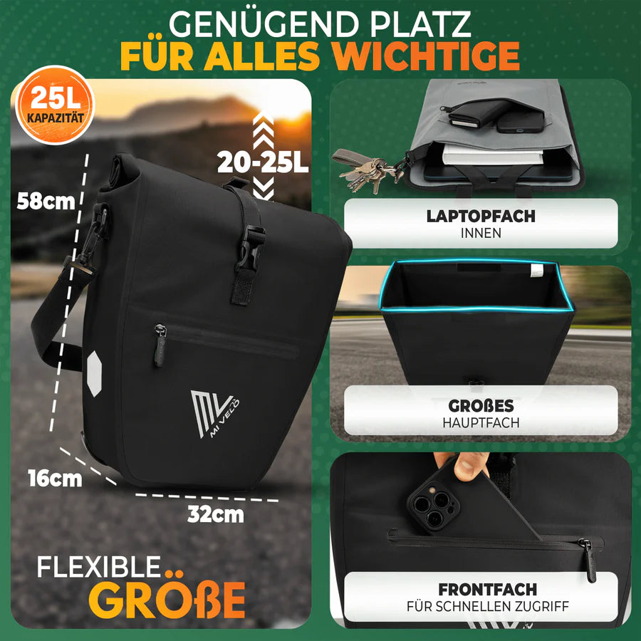 MiVelo - 2in1 Pannier CAPAX - 25L - Imperméable et avec réflecteurs - Noir