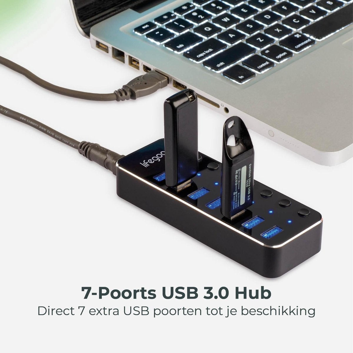 Auronic USB Hub 3.0 - Répartiteur USB avec 7 ports - avec alimentation - 5 GBP - Indication Led - Noir