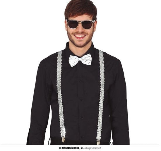 Ensemble de déguisement « Fiestas Guirca » pour le carnaval - bretelles / lunettes de fête / nœud papillon - argenté - adultes