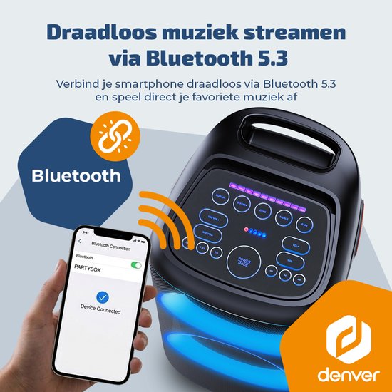 Enceinte Bluetooth Denver Party Box - Lumières disco - Partybox - Microphone inclus - Haut-parleur - BPS470